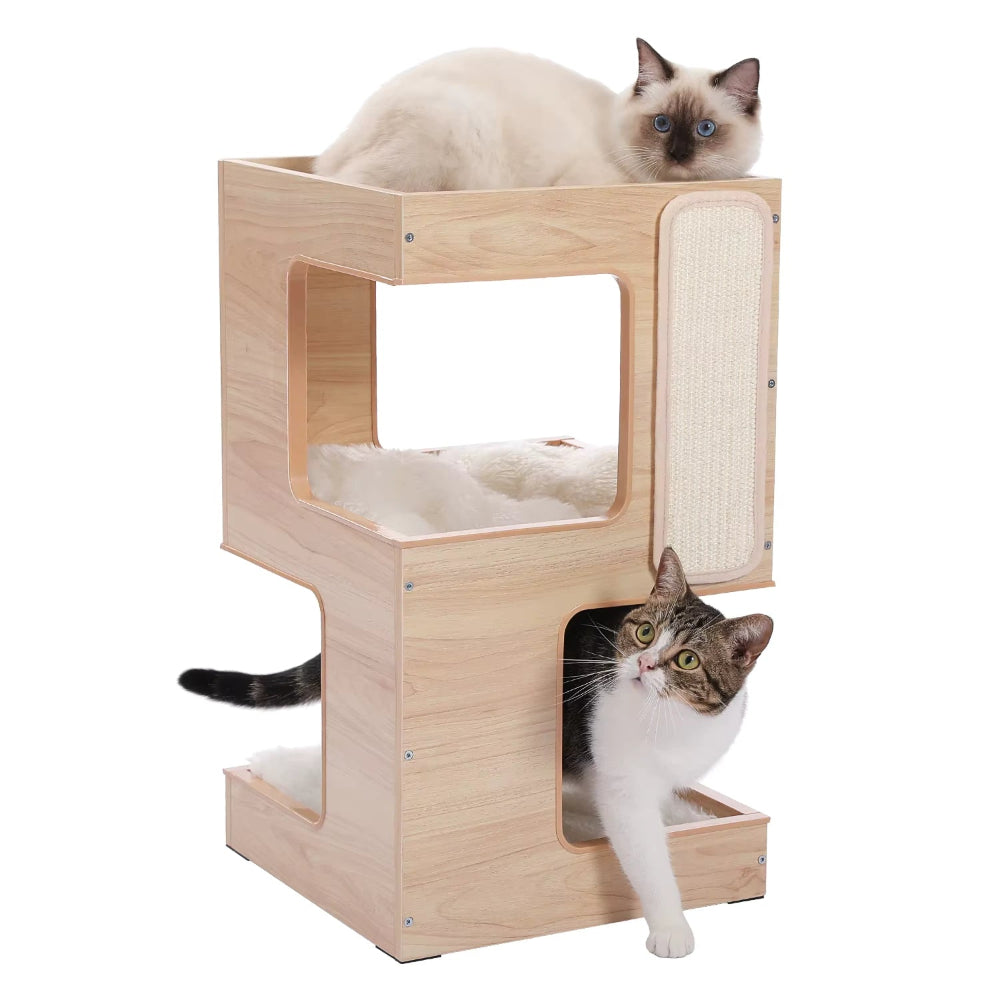 WABI arbre a chat bois clair avec 2 chats